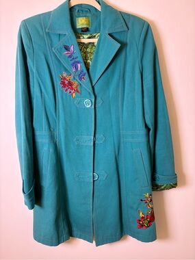 Tracy Porter Teal Embroidered Trench Coat